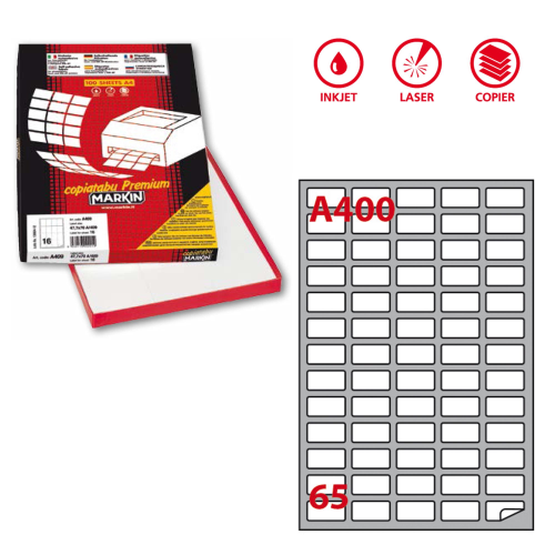 Etichette adesive A/400 - in carta - permanenti - 38,1 x 21,2 mm - 65 et/fg - 100 fogli - bianco - angoli tondi - Markin